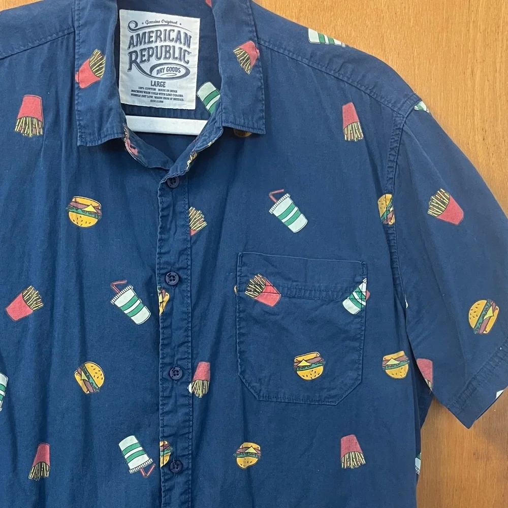 American Republic Navy Blue Fast Food Print Men's Shirt - Picture 3 of 5